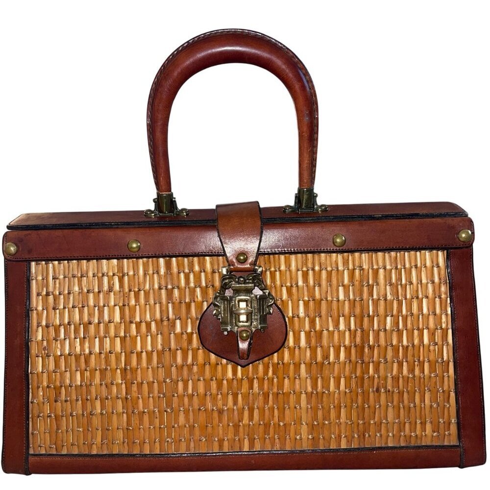 Etienne Aigner Vintage Womens Hand Bag Brown Leather Woven Rattan Satchel Purse